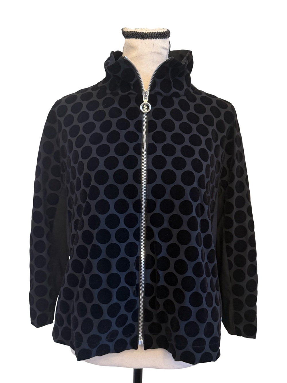 Indies Black Velvet Polka Dot Zip Jacket High Neck Statement Coat 38